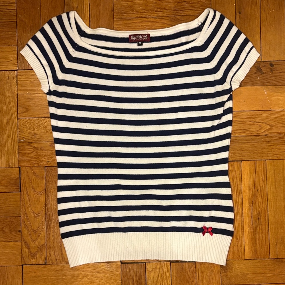 Navy Blue and White Striped Women's Off the Shoulder Top
